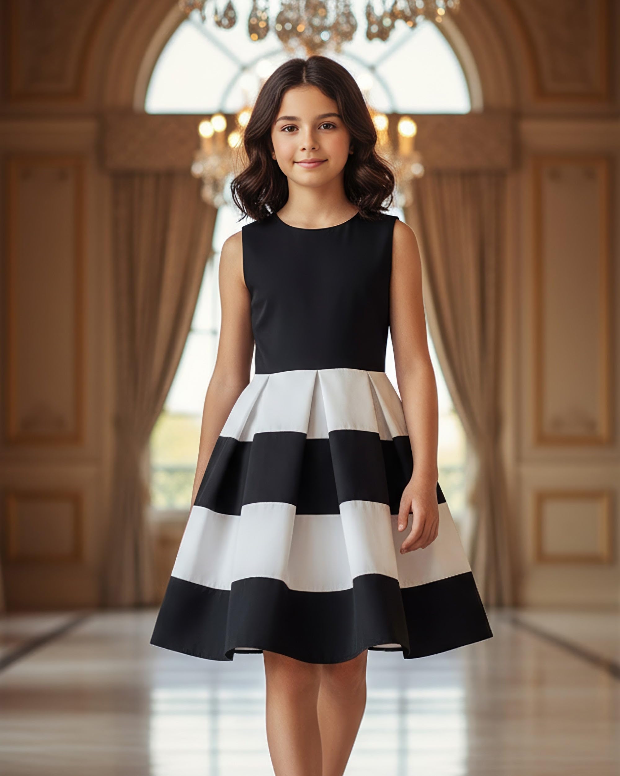 BlackButterfly Vestido Niña Lilly Rayas | Falda Plisada, Cuerpo Liso, Diseño Bicolor, Sin Mangas, Escote Redondo, Forro Interior, Cremallera Trasera, 3-14 Años
