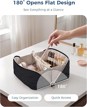 Travel Makeup Bag Large Quilted Cosmetic Organizer with Brush Compartments & Handle, Wide-Open Toiletry Bag for Women, Black