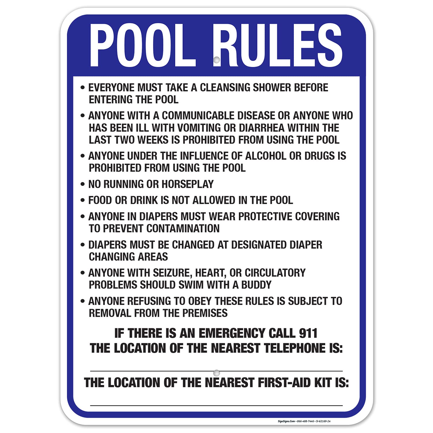 Washington Pool Rules Sign, Complies With State Of Washington Pool Safety Code, (SI-62169) 18x24 Inches, Rust Free .063 Aluminum, Fade Resistant, Made in USA by Sigo Signs
