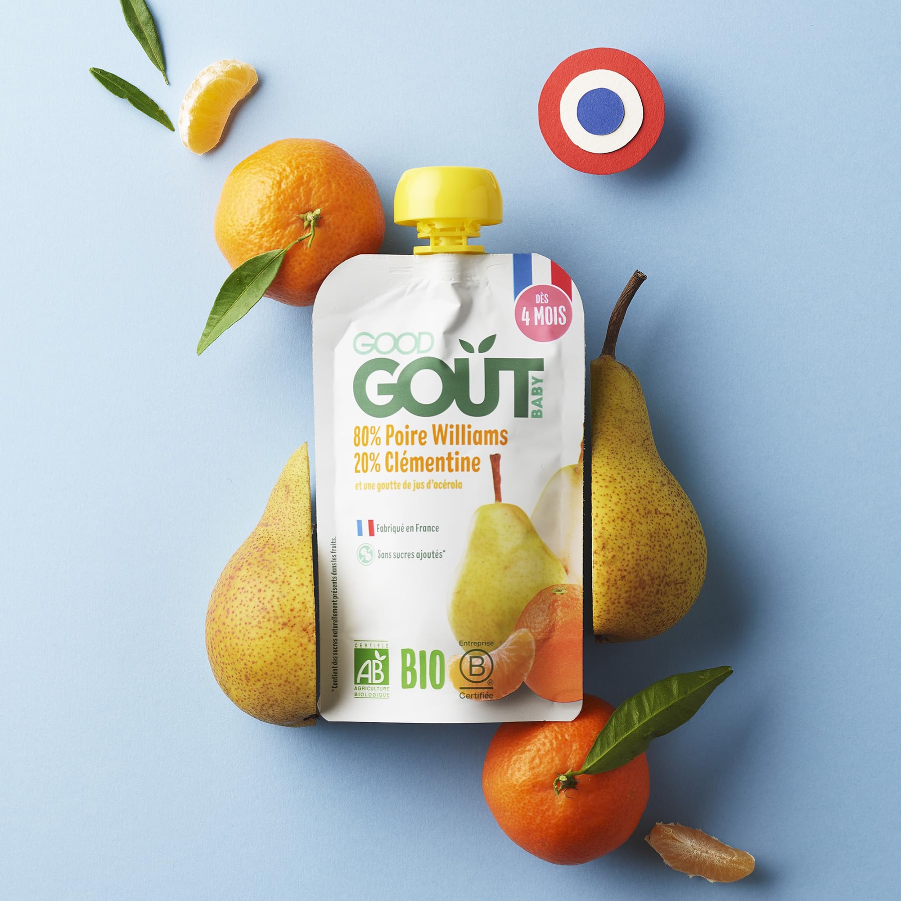 GOOD GOÛT - Gourdes Poire Clémentine - Compote Bébé - Dès 4 Mois - 80% Poire Williams, 20% Clémentine - 100% Bio - Sans Sucres Ajoutés - Fabriqué En France - 2x10x120g
