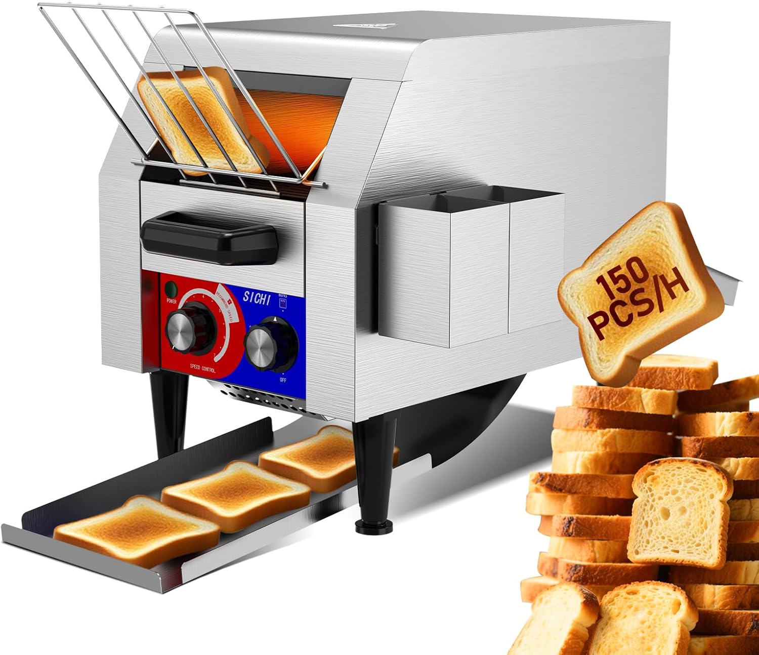 Commercial Conveyor Toaster w/ 1 Slice Wide Slot, 150 Slice/hour Commercial Toaster w/ 7.2’’ Wide and 3‘’ Opening, Industrial Kitchen Cooking bagel w/Stainless Steel and Heavy Duty