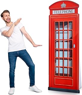 6.4 ft Red British Phone Booth Cardboard Stand up Life Size London Theme Party Decoration English Telephone Booth Stand-up Prop for Birthday British Theme Graduation Office Event Decor
