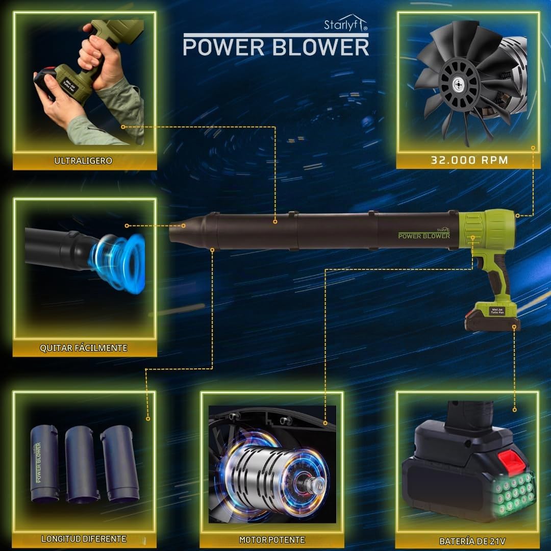STARLYF Soplador de Aire Power Blower, Hasta120 km/h, Soplador de Hojas, Sopladora de Jardín, Portátil Potente, Inalámbrico, Barre el Jardín, Quita Nieve, Seca Coches -Servicio postventa-