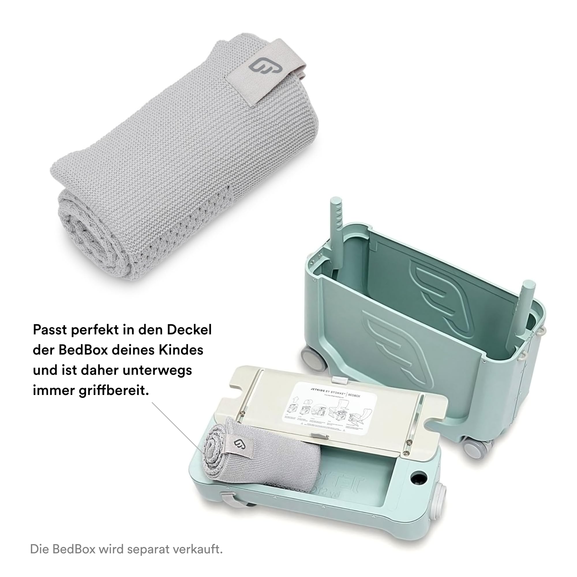 Stokke JetKids Merinowolldecke, Pebble Grey - Passt in den Deckel der BedBox, um Dein Kind auf Reisen warmzuhalten - Waschmaschinenfest
