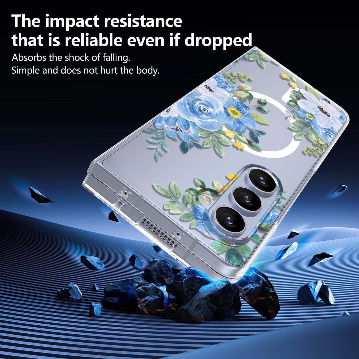 Magnetic Case for Galaxy Z Fold 4, Slim Anti-Yellow Hard PC Protective Soft TPU Bumper Shockproof Cute Case with Flowers, Abstract Blue Flower(10-88)