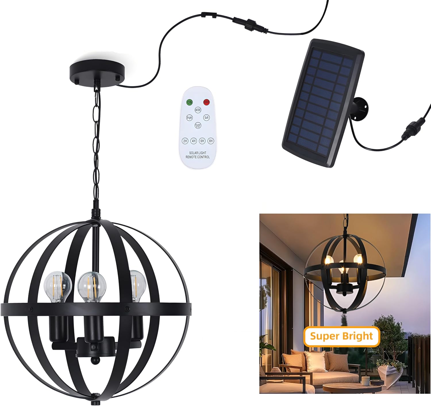 Solar Pendant Light,3-Light Globe Solar Chandelier Outdoor/Indoor,Black Metal Orb Design,Waterproof Dimmable Hanging Pendant Lights for Gazebo, Pergola, Canopy,Garden