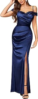 Women's Sexy Off Shoulder Satin High Split Ruched Style Evening Party Ma...