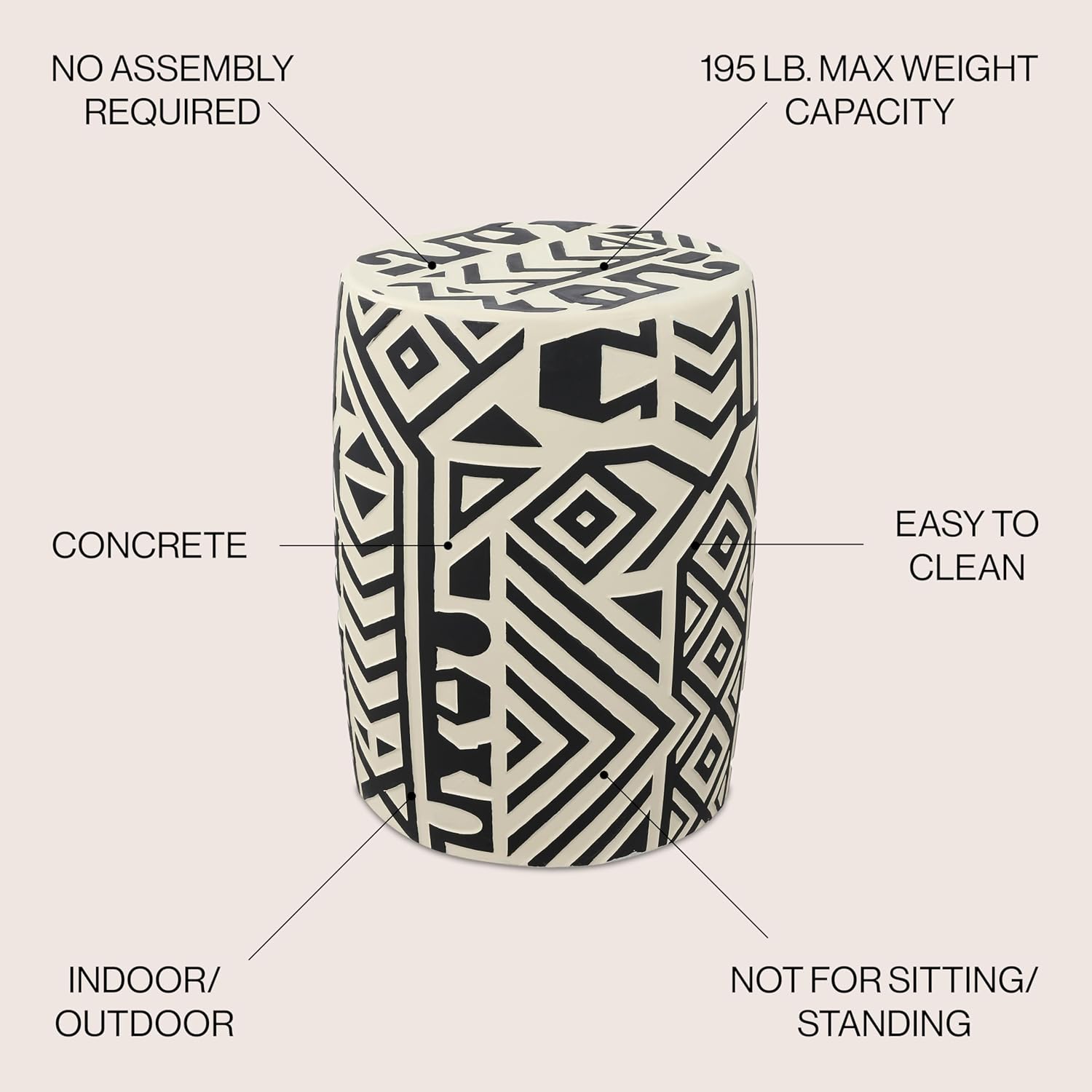 JONATHAN Y TBL1030B Rafi 17.75" MidCentury Modern Geometric Drum Garden Stool, Black/Cream Patio, Porch, Backyard