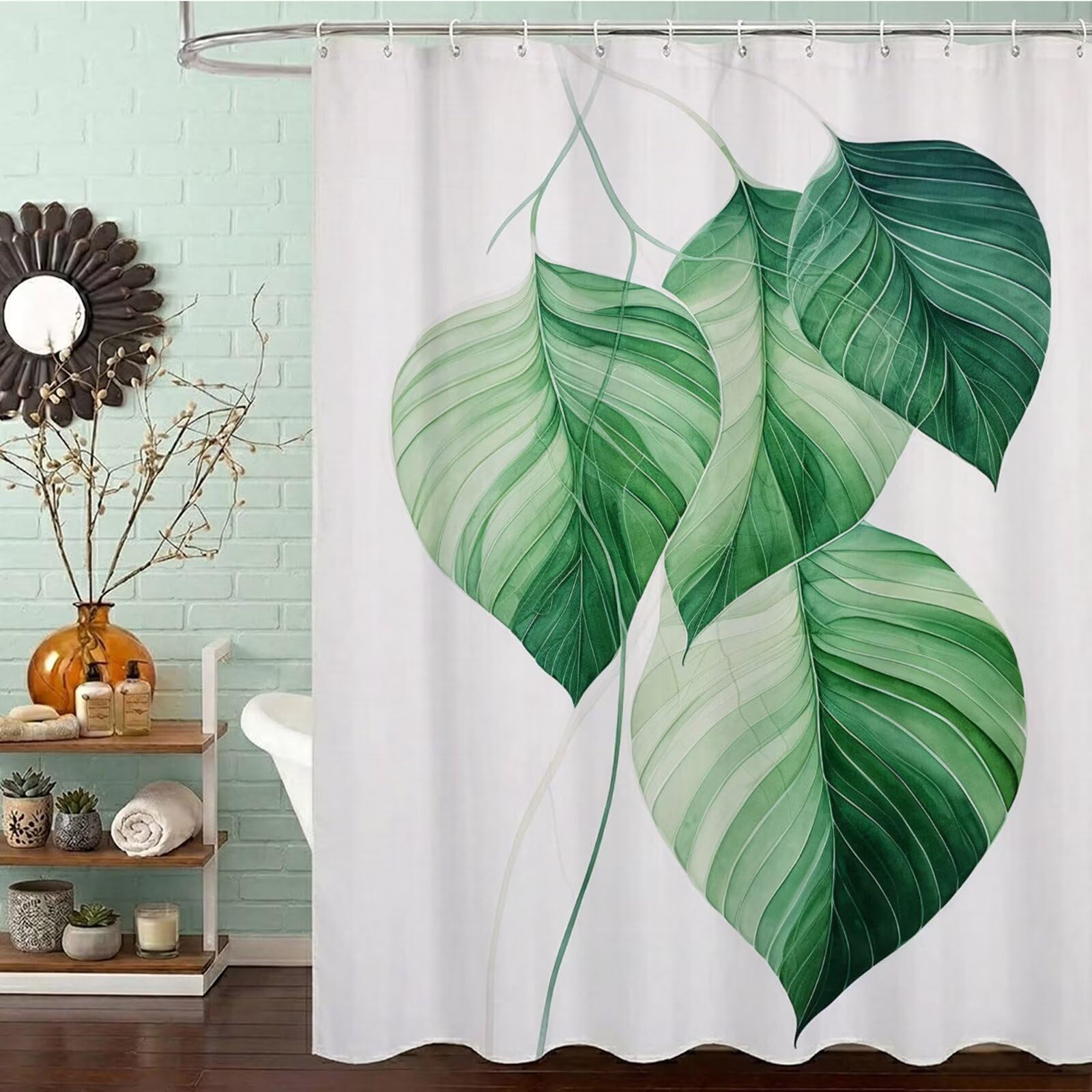 Rideaux douche vert et beige pour créer une ambiance spa naturelle dans votre salle de bain