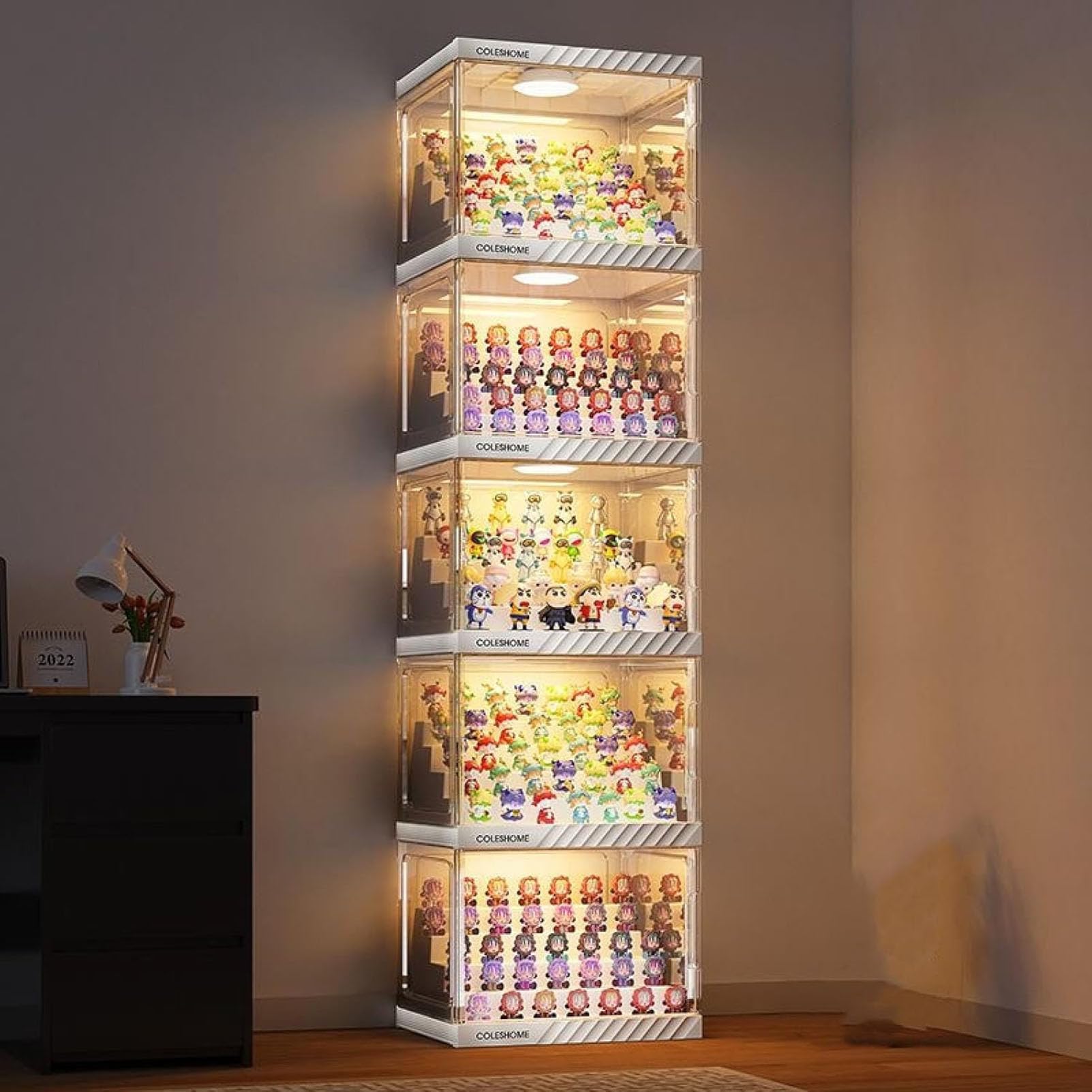 Vitrina de Cristal con iluminación LED, Vitrina expositora para Colecciones, Mueble Expositor Vitrina, estanteria Cristal para Figuras Coleccionables Perfumes, Antipolvo, Blanco, 40×33×155cm