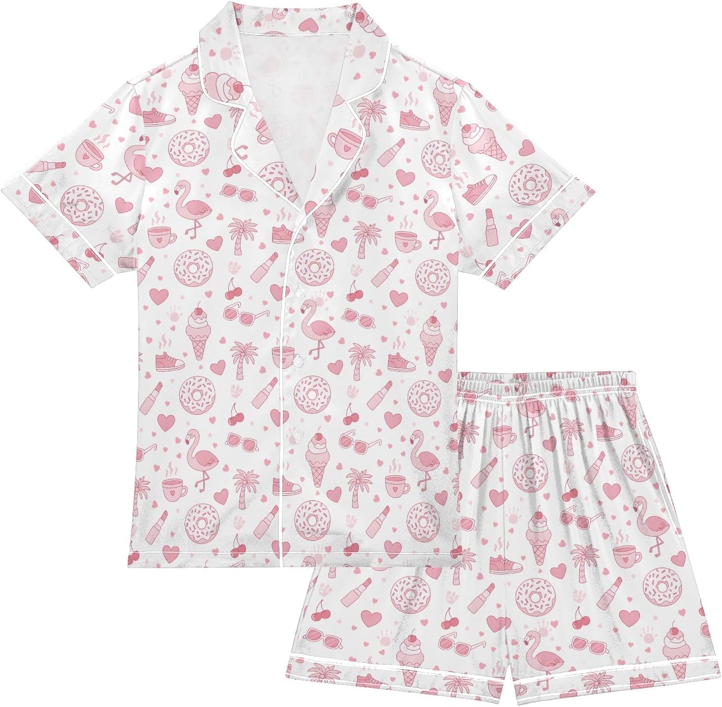 Kids Satin Wear Set Flamingo Donuts Pattern Relaxing Clothing Short Sleeve and Shorts