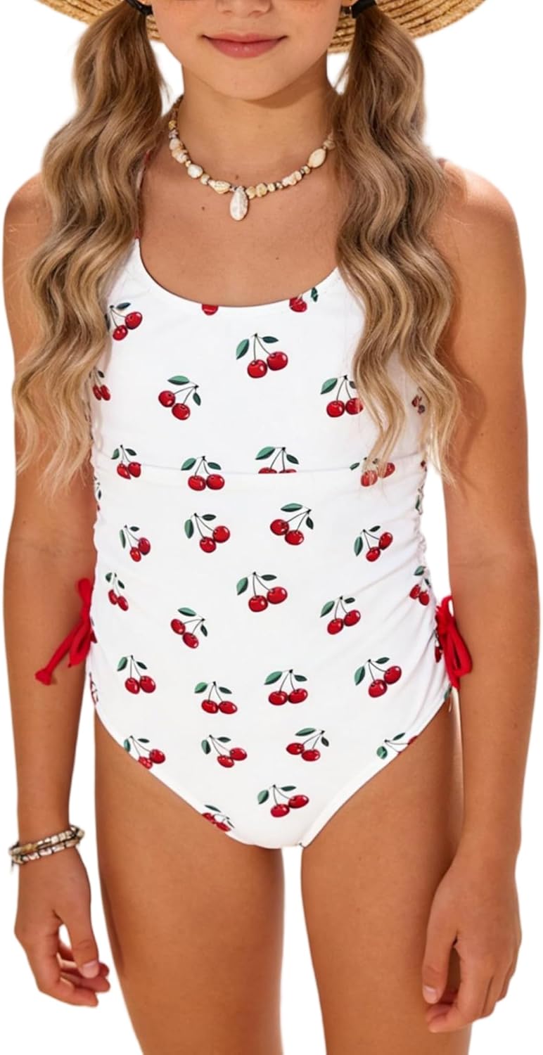 Girl's Cherry Print Swimsuit One Piece Ruched Side Drawstring Summer Beach Bathing Suit
