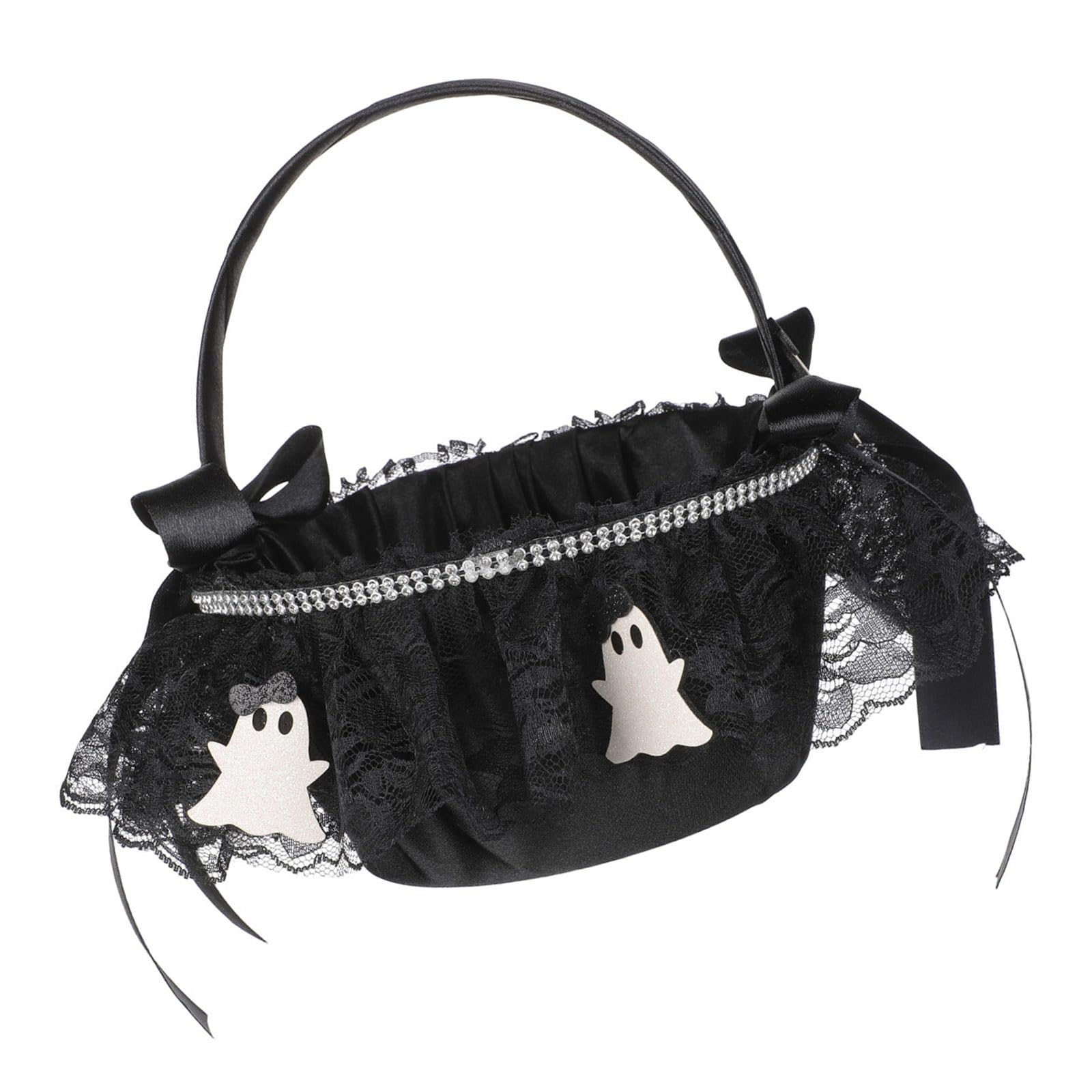 Halloween Party Treat Bucket Single Handle Candy Tote with Lace Trim, Compact Reusable-Holder for Seasonal Events-Halloween Tote Lace Trim Reusable-Treat Holder Candy Pouch Seasonal Event Compact Hand