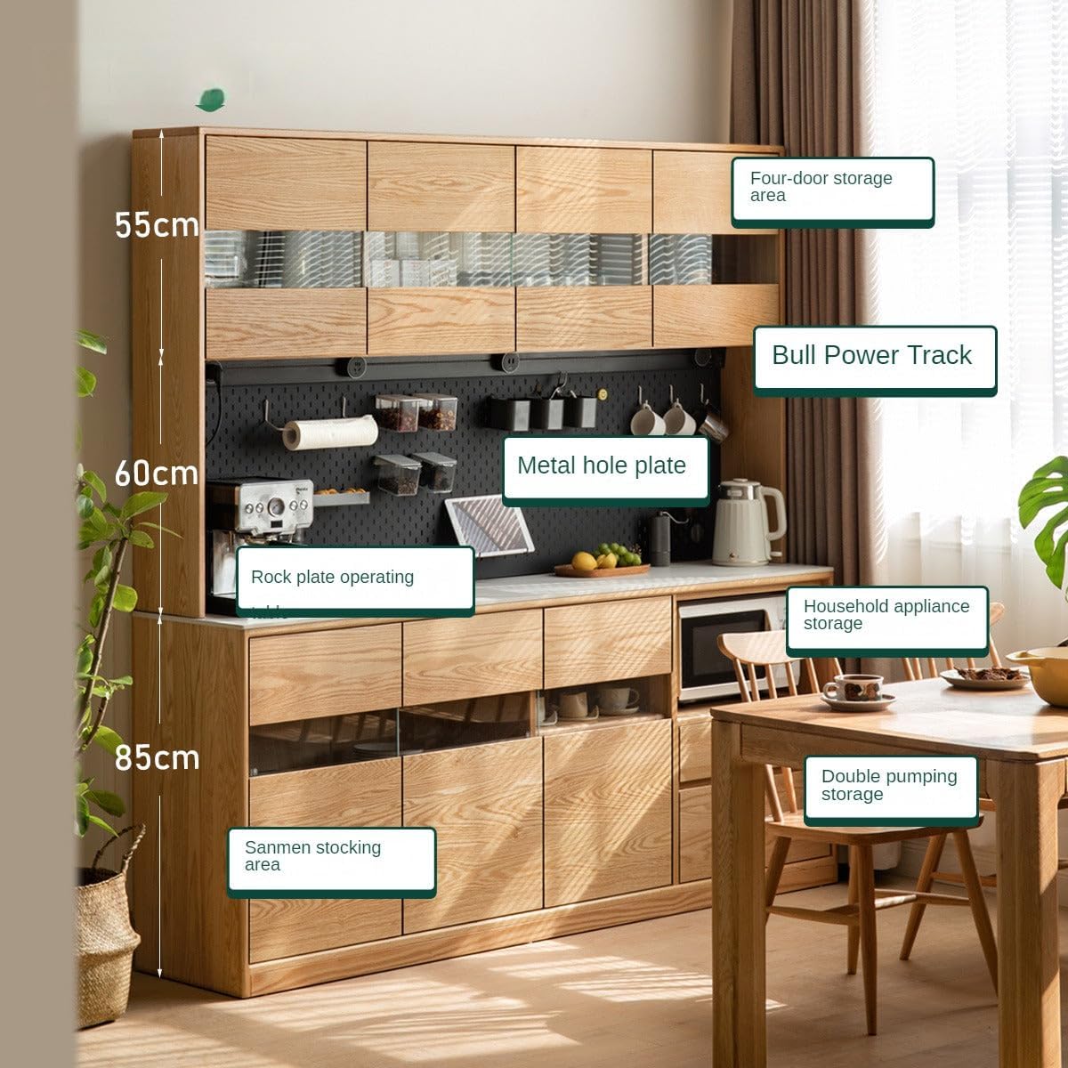 GVAwood Oak, Ash Solid Wood Sideboard Modern Buffet Cabinet 78.7x17.7x33.5 inch / 200x45x85сm / Natural Wood Color/Ash Rock Board Sideboard