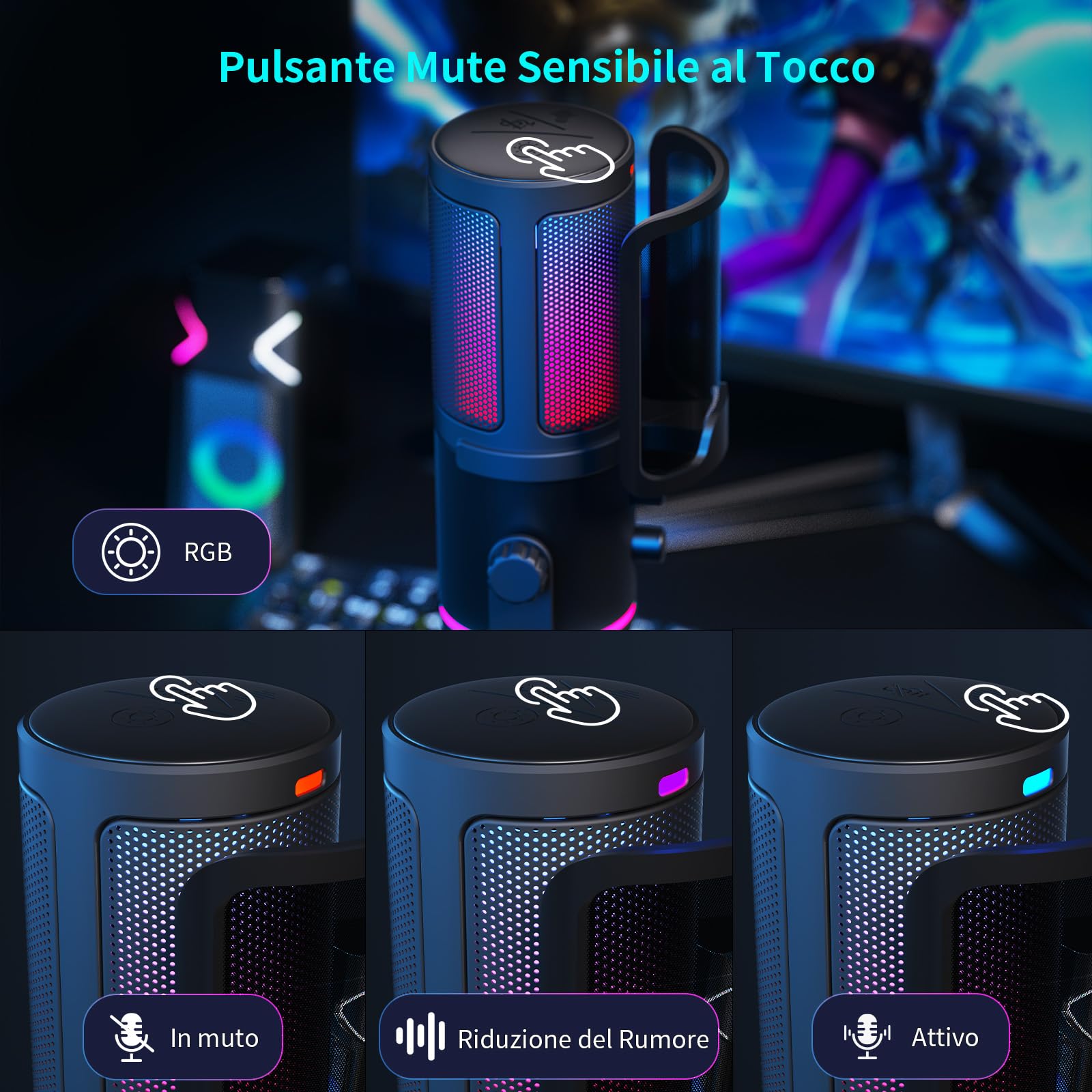 K KASONIC Microfono RGB per Gaming con Braccio a Snodo, Microfono Condensatore per Home Studio per PC, Microfono USB 24bit 192kHz per Registrazione Podcast, Kit Microfono per Streaming