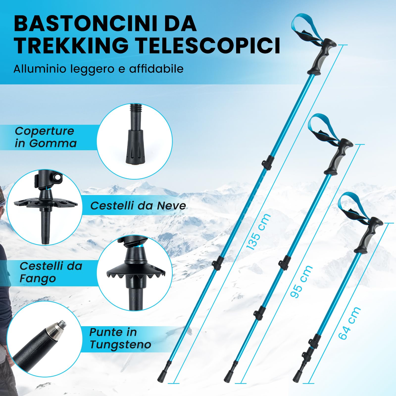 COSTWAY Set Racchette da Neve 35-45 per Uomo, Donna e Gioventù, Bastoncini da Trekking Telescopici 95-135 cm con Punte in Tungsteno, Dischi Neve e Dischi Fango, Ciaspole da Neve Leggere con Borsa