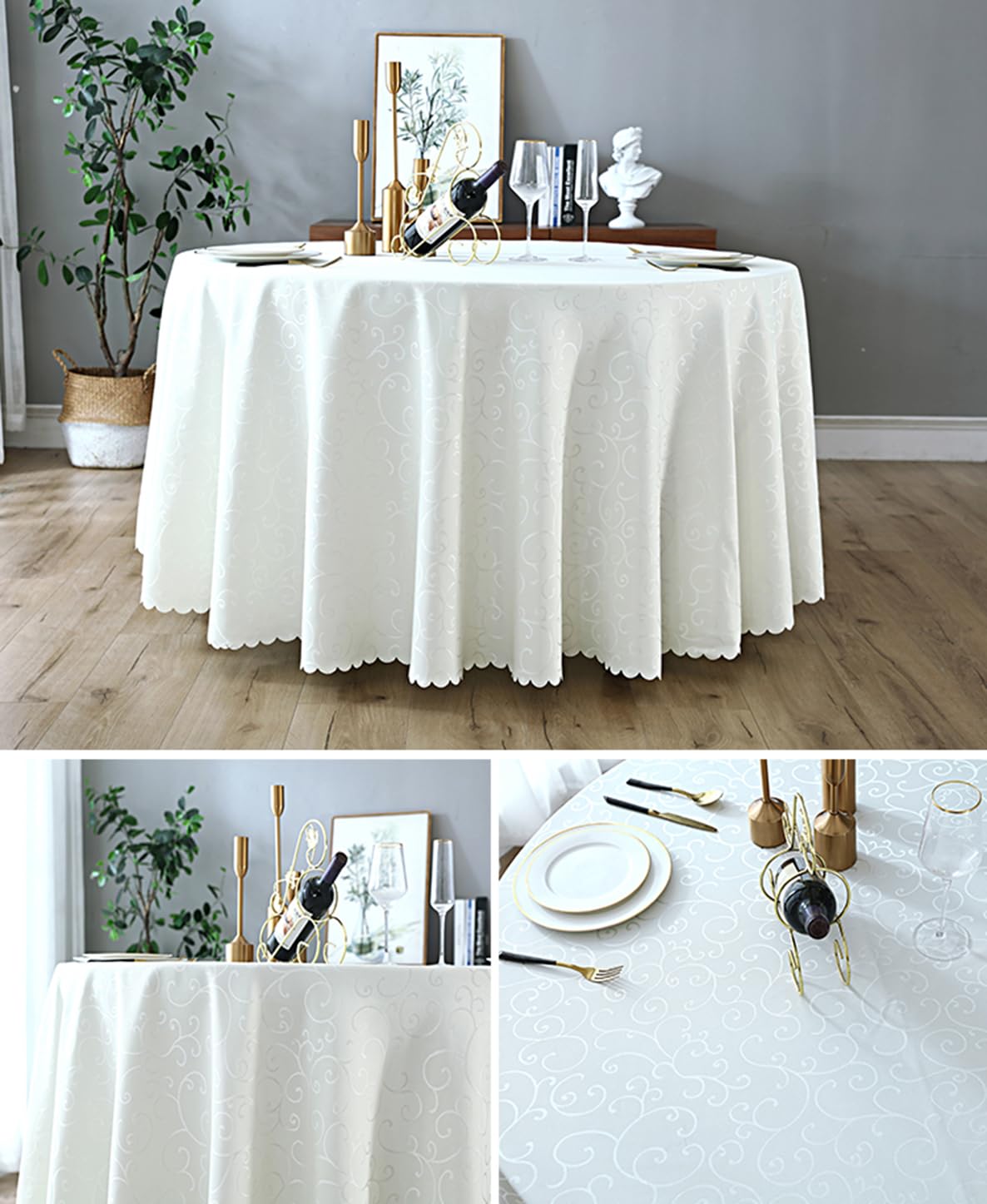 Tovaglia rotonda in poliestere jacquard, Beige, Diametro 320 cm