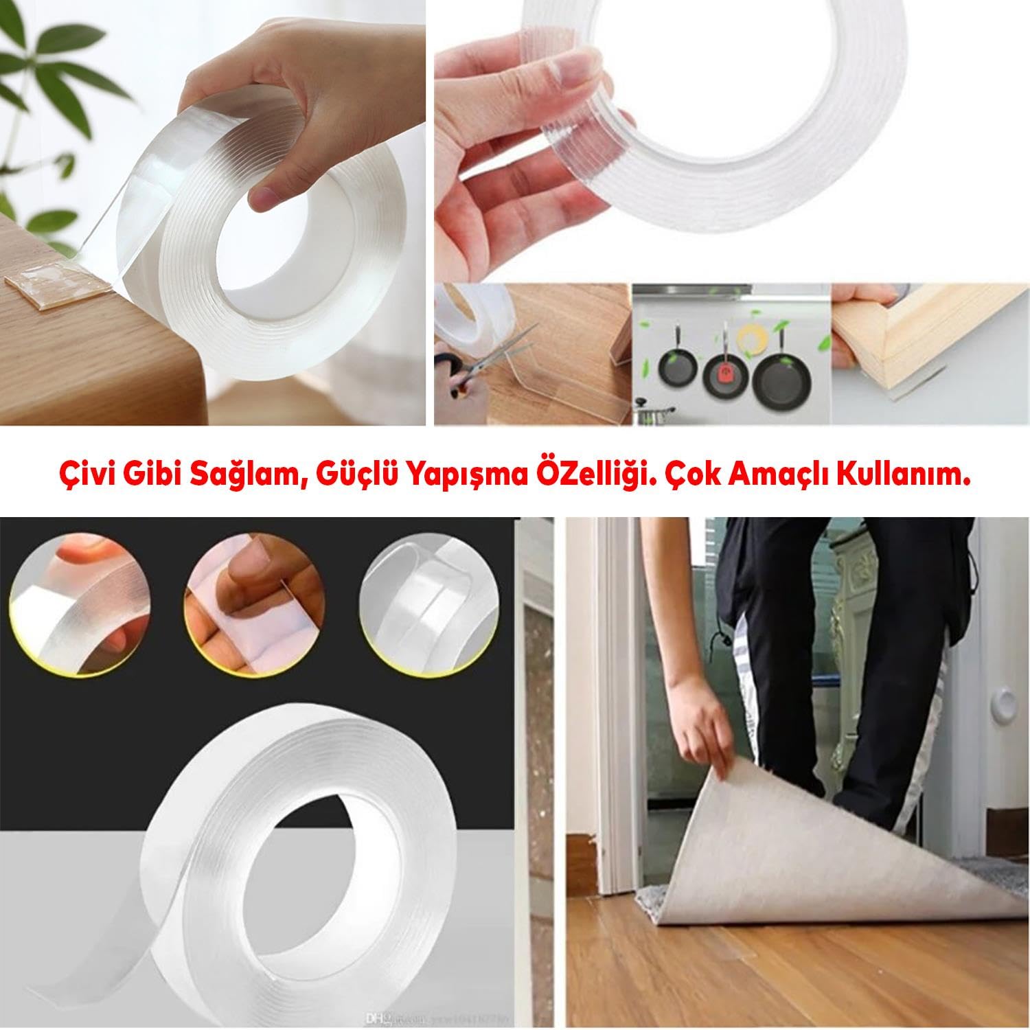 Çift Taraflı Nano Bant Güçlü Yapıştırma Bandı Şeffaf 18 mm x 2 Metre Suya Dayanıklı Yıkanabilir