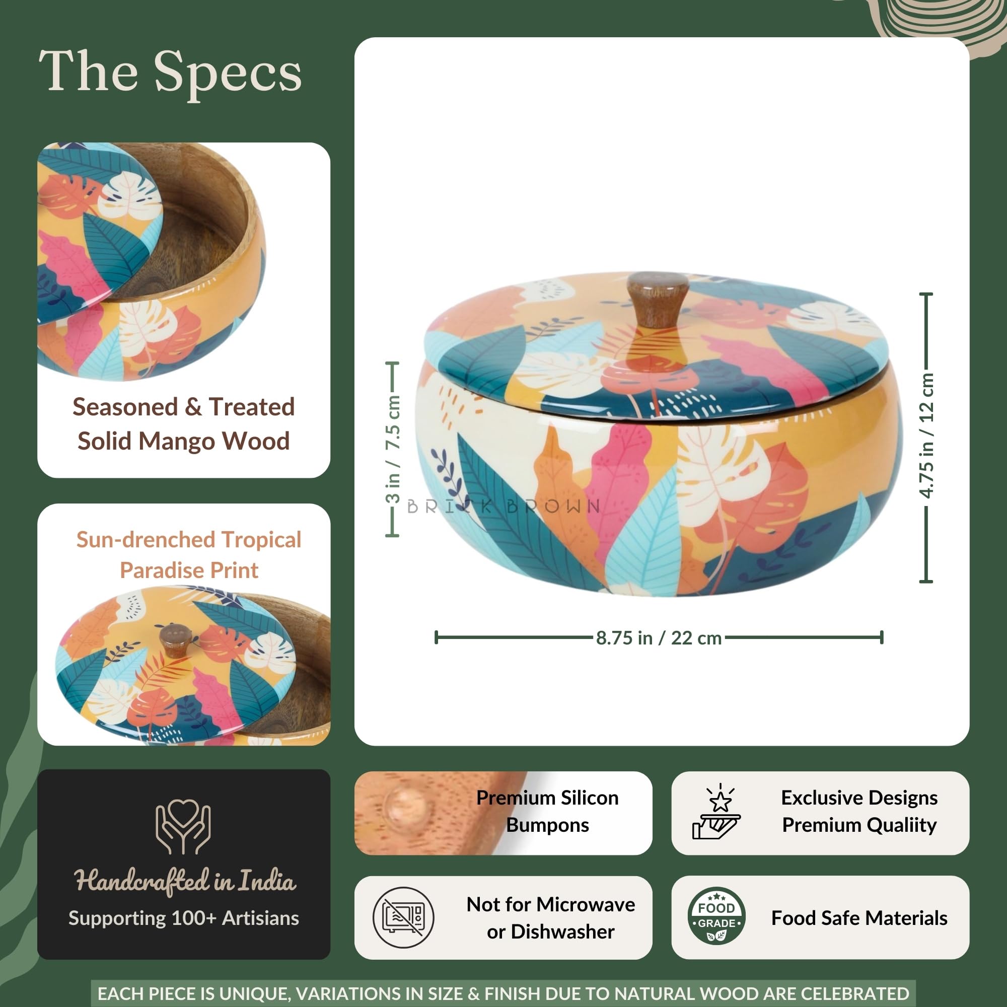 Brick Brown Premium Handcrafted Solid Wood Tropical Casserole For Roti | Round Hot Pot, Roti Dabba With Lid | Casserole For Dininga Nd Kitchen 8.8X8.8X4.3Inch, Orange, 1640 ML 3
