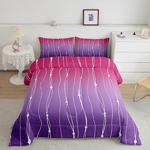 Erosebridal Purple and Hot Pink Comforter Full Wave Stripe and Dots Bedding Set,