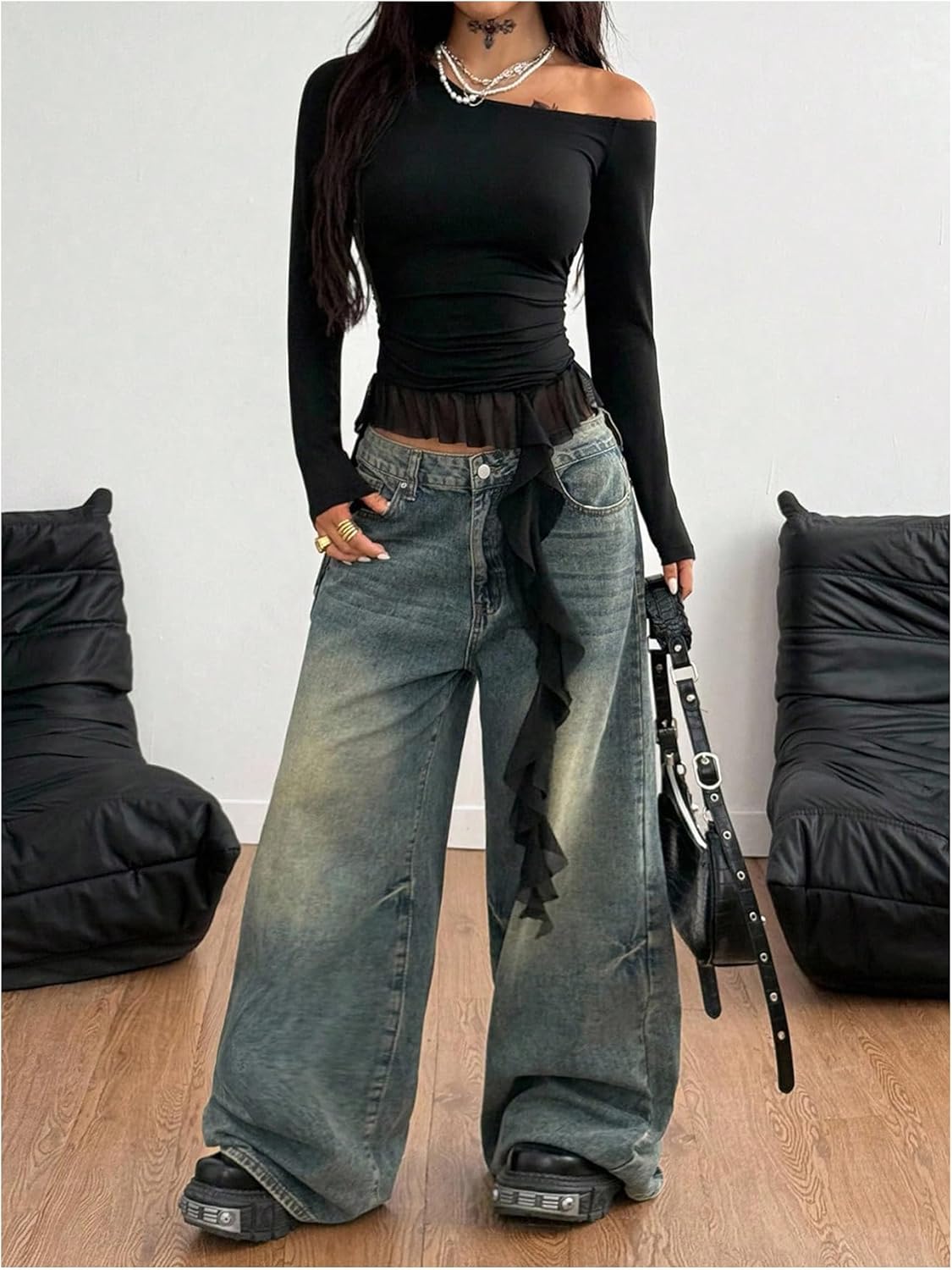 SOLY HUX Women's Off The Shoulder T Shirt Long Sleeve Ruffle Asymmetrical Hem Ruched Tee Y2k Going Out Tops - Image 5