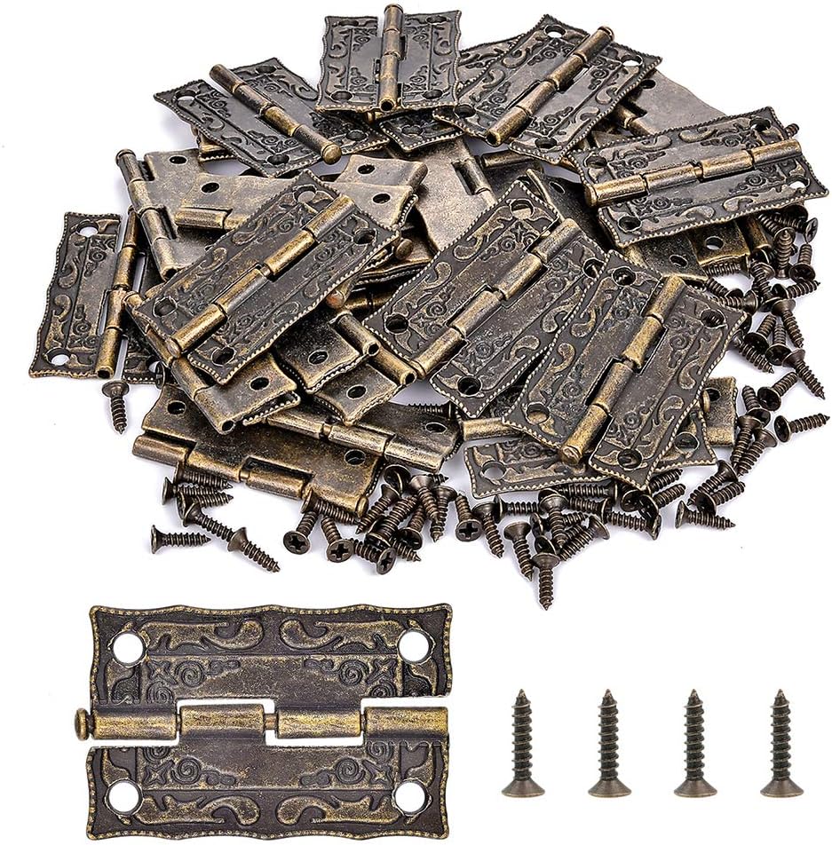40 Pieces Jewelry Box Hinges Bronze Engraving Design Repair Kit for Antique Box Hinge, Vintage Tool Box Hinge, Decorative Wooden Cases, Gift Boxes, Wine Boxes
