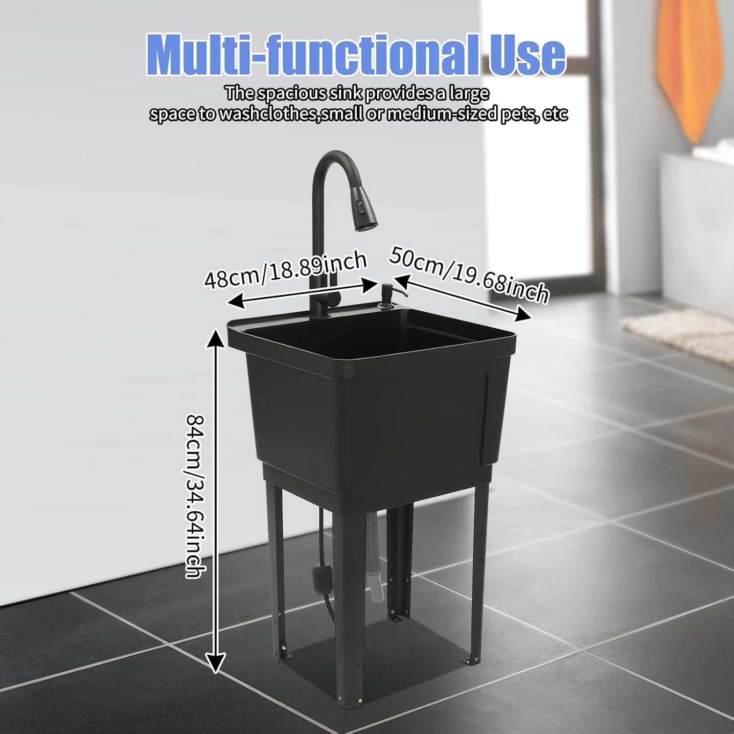 Home Laundry & Utility Sinks, Free Standing Laundry Sink with Soap Dispenser, Outdoor Sink Slop Sinks Laundry Tub Garage Sink for Washing Room (Black)
