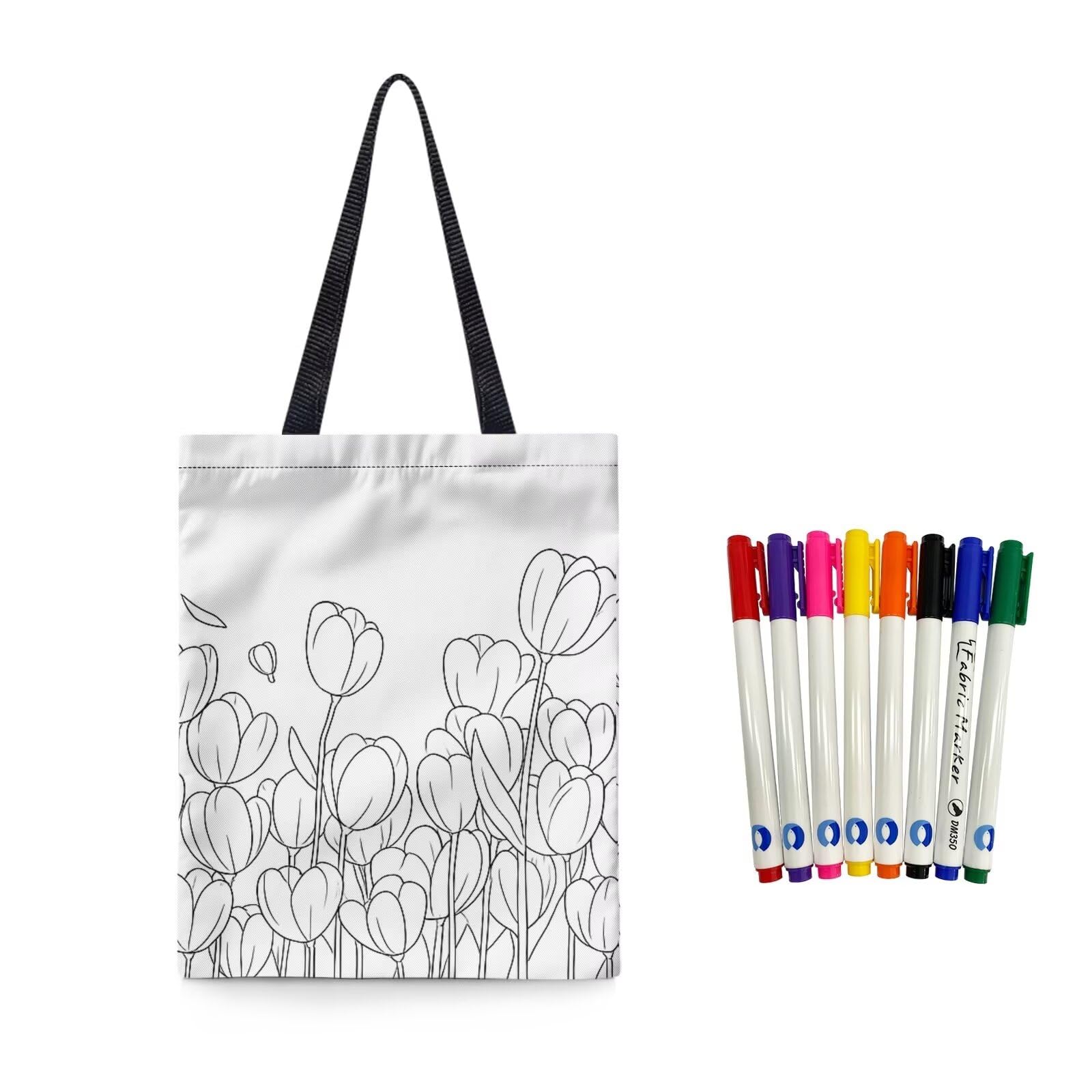 Fkwergsy Color Your Own Tulip Tote Bag Coloring Crafts Coloring Floral Canavs Tote Bag Personalized Shopping Bags with 8 Bright Markers, Colorable Bag Set for Home Activity