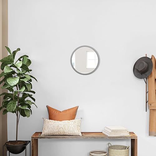 Miniatura 310 de JJUUYOU Espejo circular de pared redondo para baño, espejo de tocador gris, pequeño círculo decorativo para pared, marco de madera, espejo