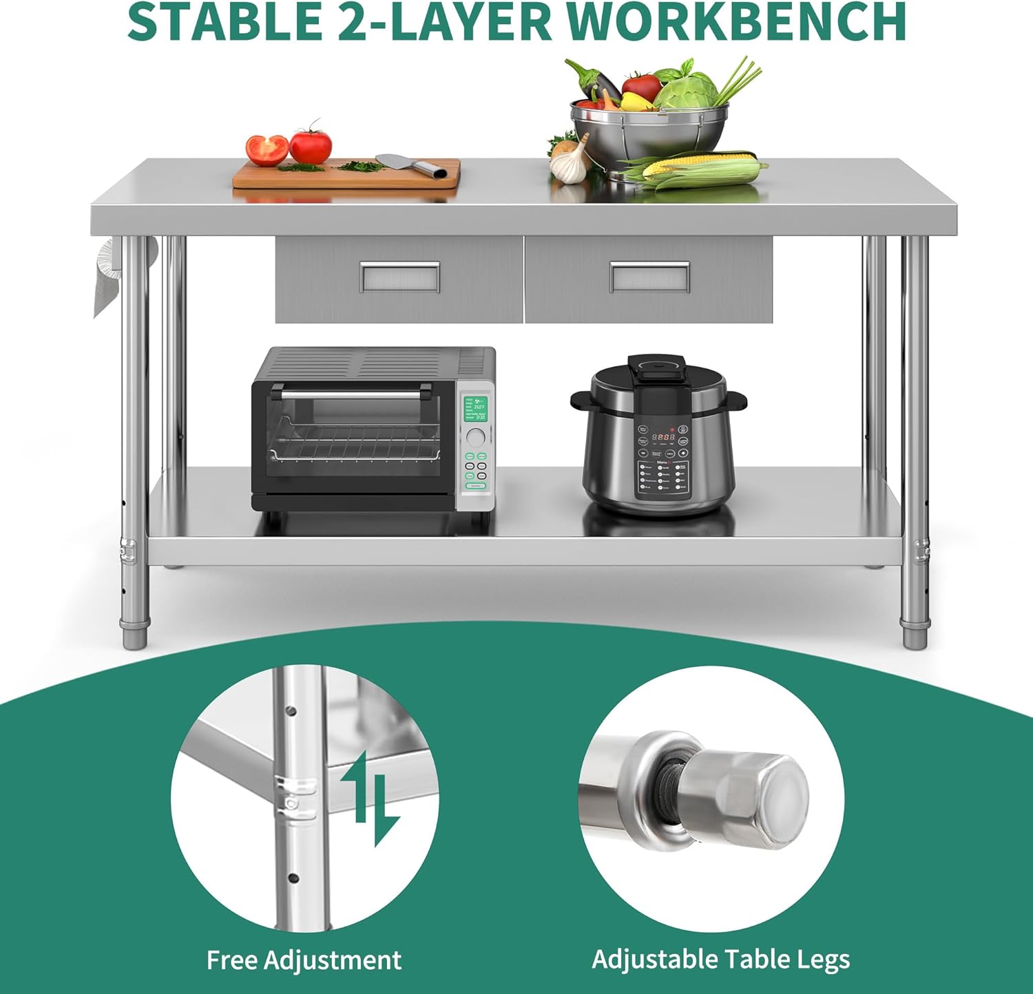 YITAHOME 60" X 24" Stainless Steel Table with Paper Towel Holder and 2 Drawers, NSF Work Table with Drawer, Metal Table Prep Table for Home Kitchen Restaurant Garage Warehouse