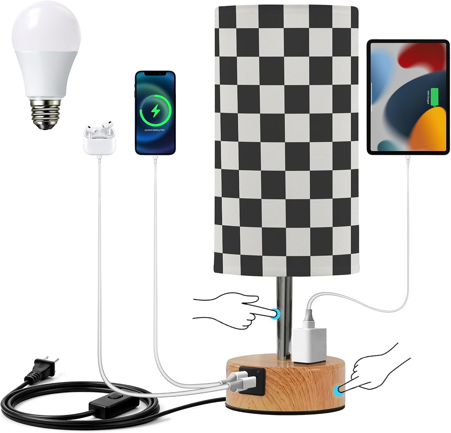 Dimmable Black and White Checkered Table Lamp with 2 USB C Charging Ports & AC Outlet, Touch Lamps for Nightstand Bedside Small Lamp Night Stand Side Light for Bedroom/Desk, 14 in