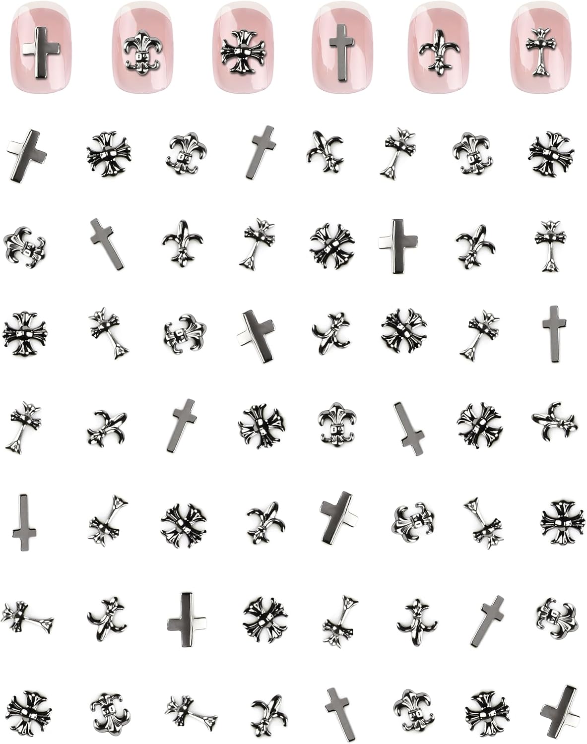 300 Pcs 3D Nail Charms, Christmas Nail Art for Nails Design and Christmas Parties, Retro Silver Cross Gothic Nail Art Charms for Women