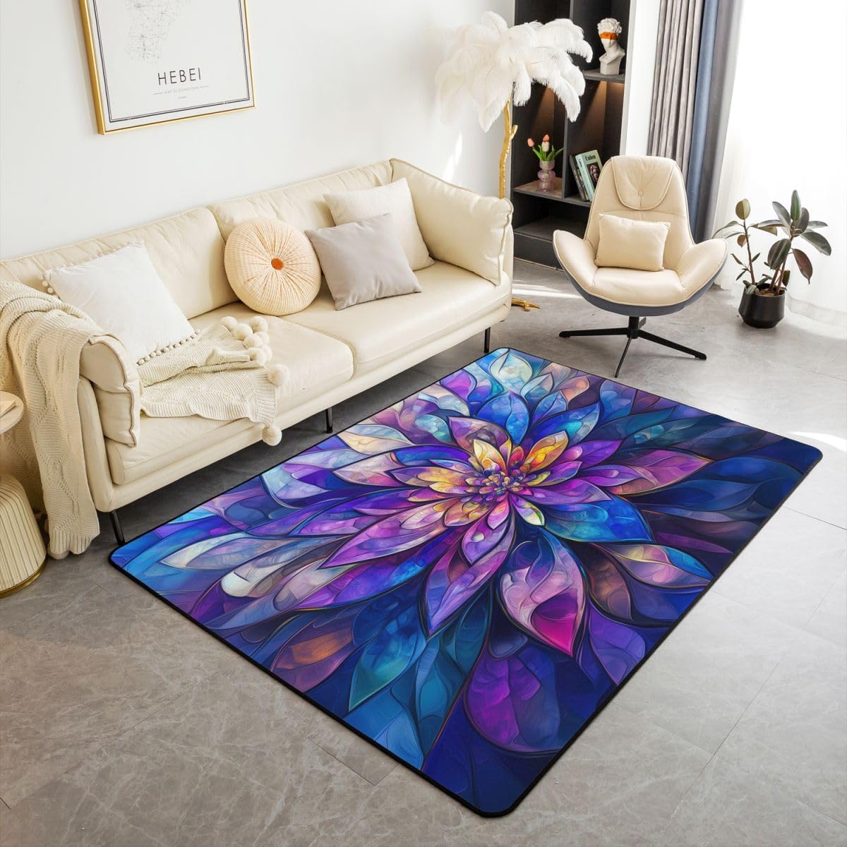 Erosebridal Lotus Area Rug 6'6" x 4'11" Stained Glass Living Room Rugs Flowing Light Modern Art Flowers Decorative Carpet Geometric Floral Purple Blue Indoor Floor Mat