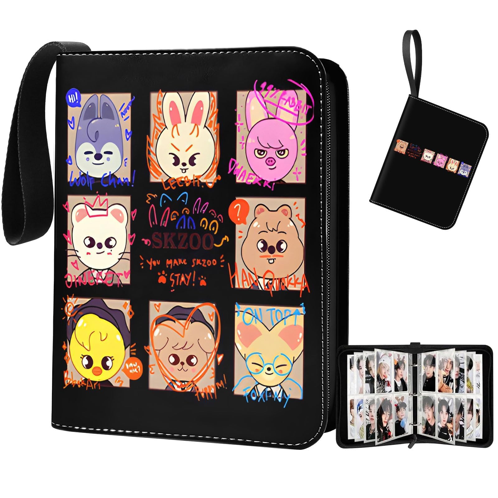Stray Kids Photocard Binder 400 Pockets, 3 Ring Kpop Binder with 4 Pockets, Total 50 Pages, Cute Cartoon Card Collector, Idol Photo Album for Kpop Fans, Boys and Girls