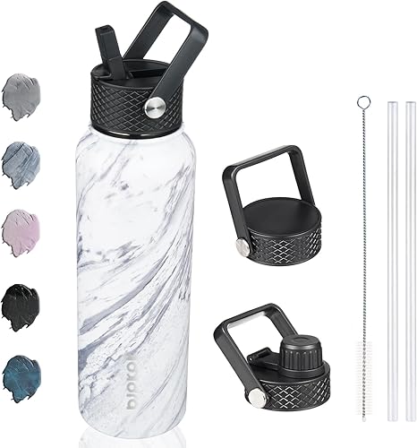 BJPKPK Botellas de agua con aislamiento y tapa con popote, grande (40 fl oz), acero inoxidable, con 3 tapas, reutilizable, mantiene agua fría o