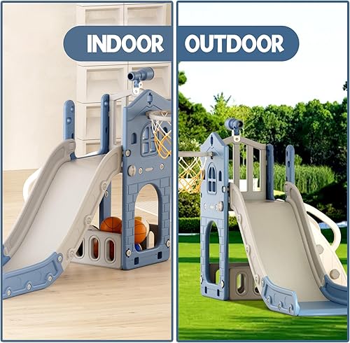 Miniatura 7 de XJD Tobogán 5 en 1 para niños pequeños de 1 a 3 años, juego para interiores y exteriores con aro de baloncesto y pelota, espacio de almacenamiento y