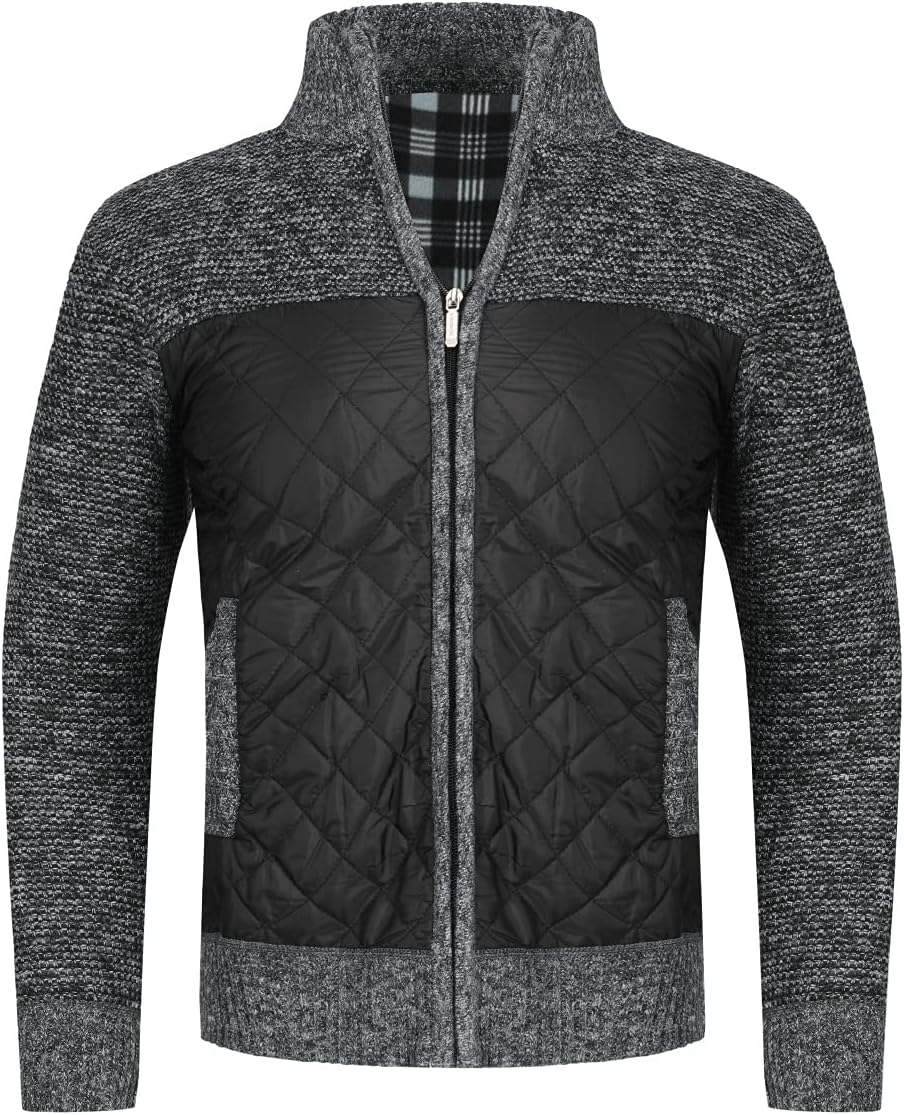YOUTHUP Mens Knitted Cardigan Fleece Lined Thick Sweater Full Zip Stand Collar Cardigans
