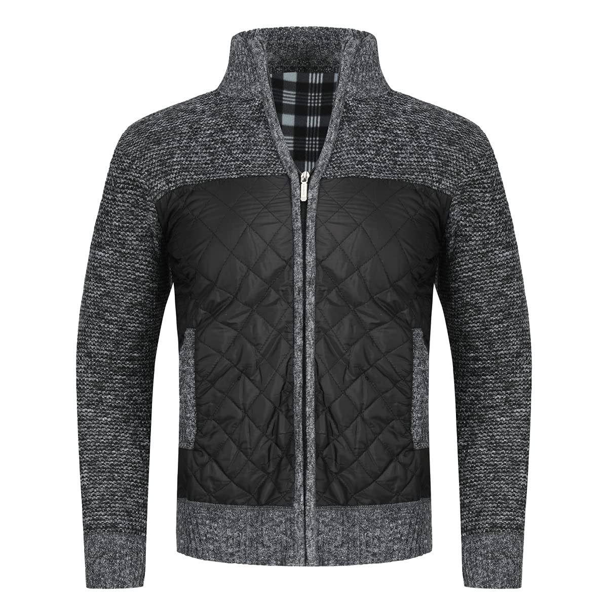 YOUTHUP Mens Knitted Cardigan Fleece Lined Thick Sweater Full Zip Stand Collar Cardigans