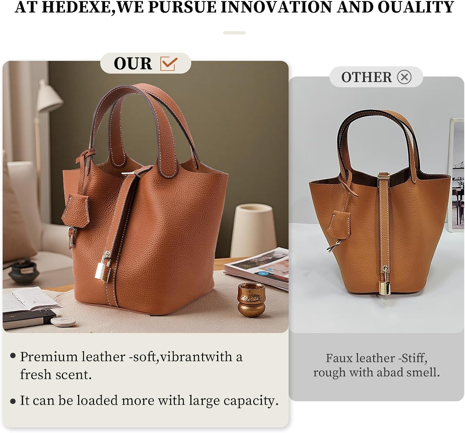 Designer Leather Bucket Bags for Women: Trendy Genuine Leather Tote Purses - Luxury Satchel Top-Handle Handbags for Travel - Image 3
