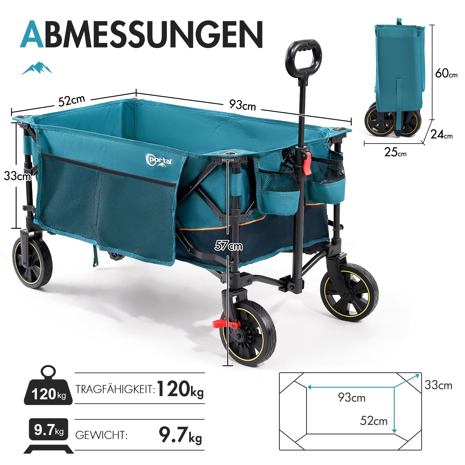Portal Bollerwagen faltbar XXL Große Ladefläche 120kg belastbar Handwagen mit Getränkehalter Seitentasche Transportwagen Leiterwagen klappbar Strandwagen Faltwagen für Garten Camping Festival
