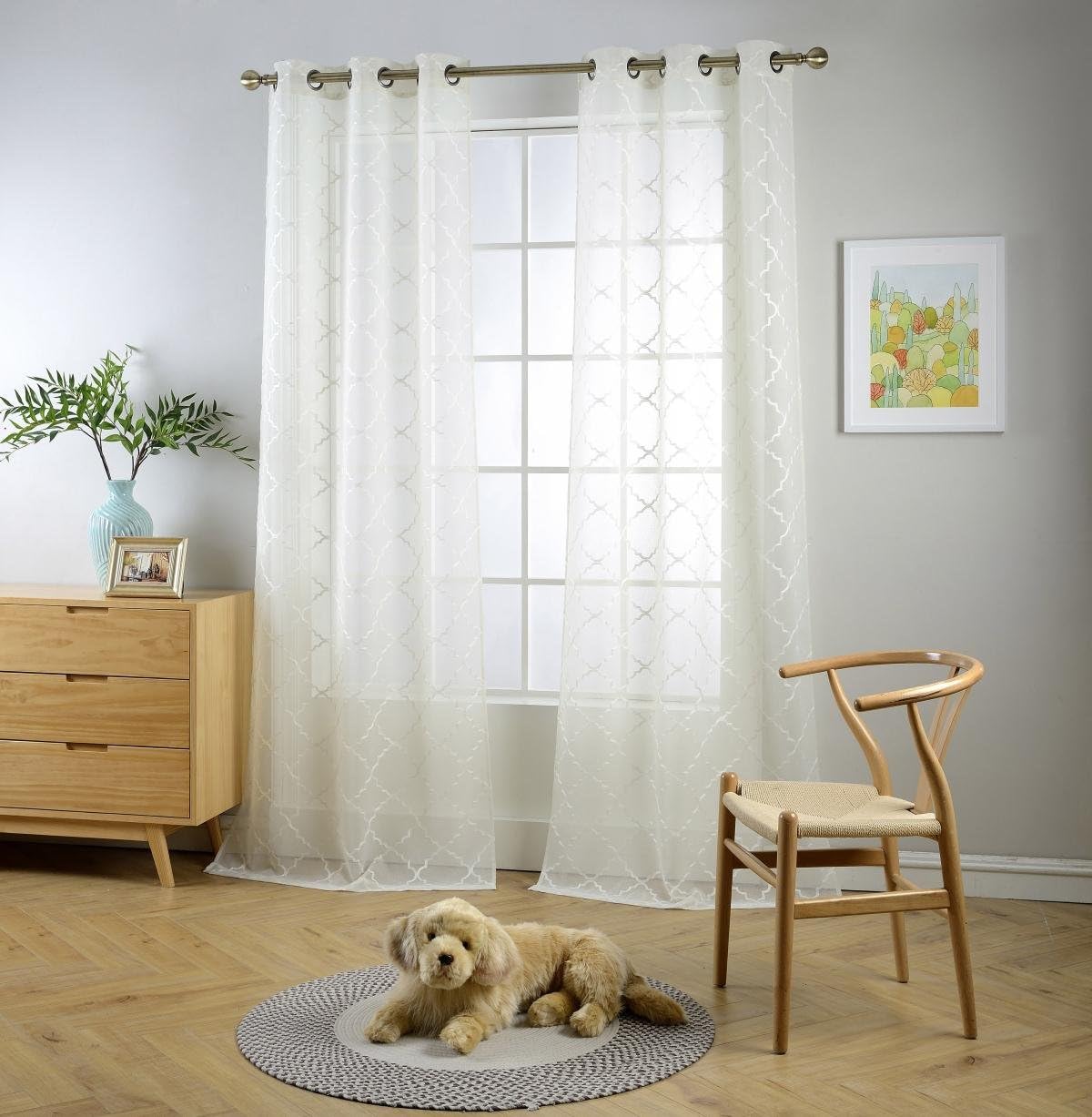 MIUCO Sheer Curtains Embroidered Trellis Design Grommet Curtains 84 Inches Long for French Doors 2 Panels (2 x 37 Wide x 84" Long) Beige