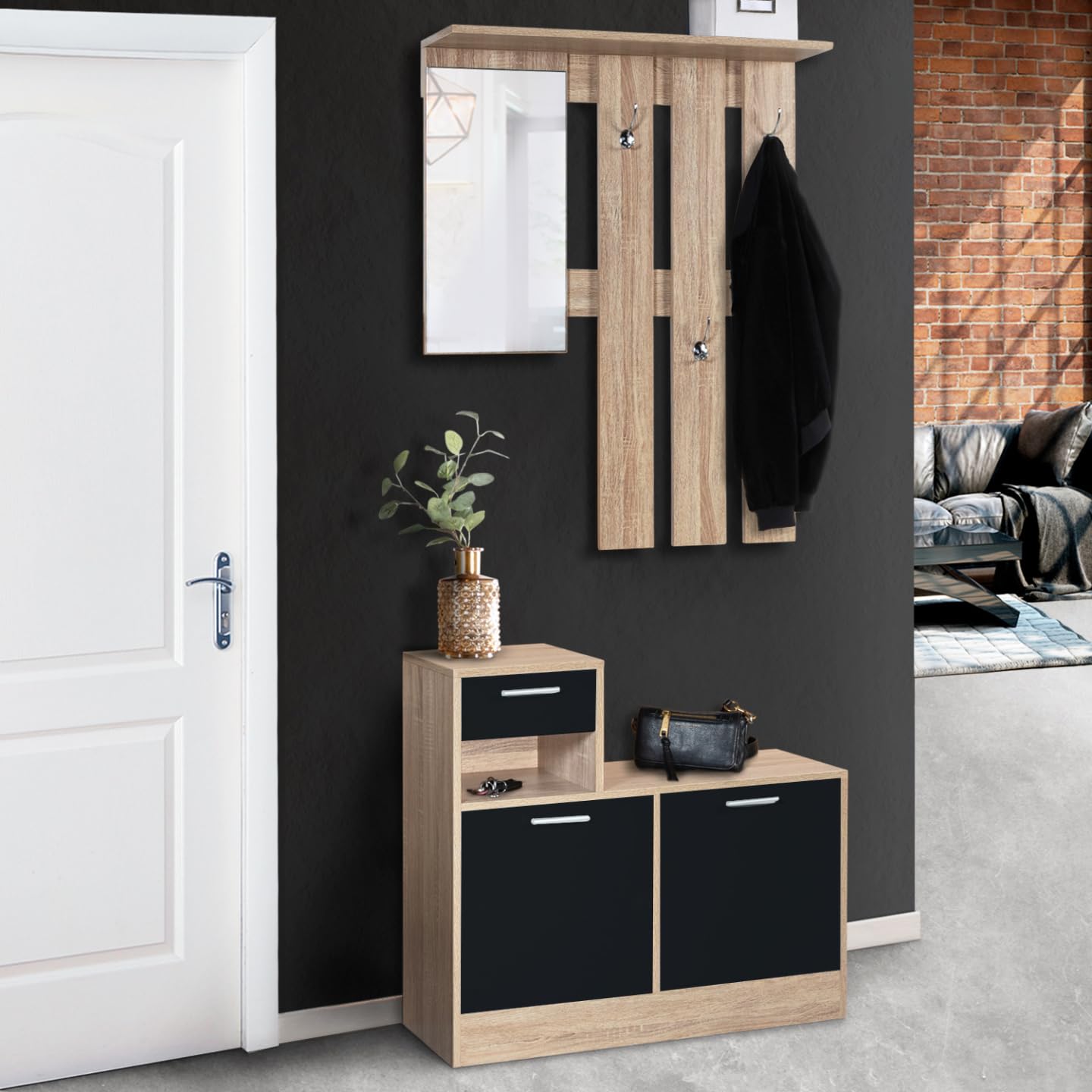 IDMarket - Armario para la entrada con espejo Paulin Design Haya puertas negras