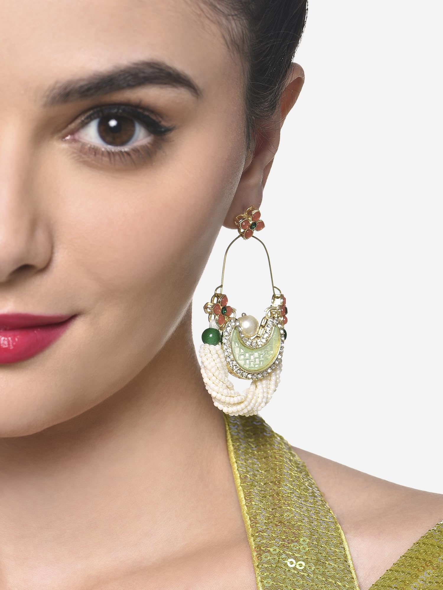 Peach Dazzling Stones Cresent Ethnic Dangle Earring
