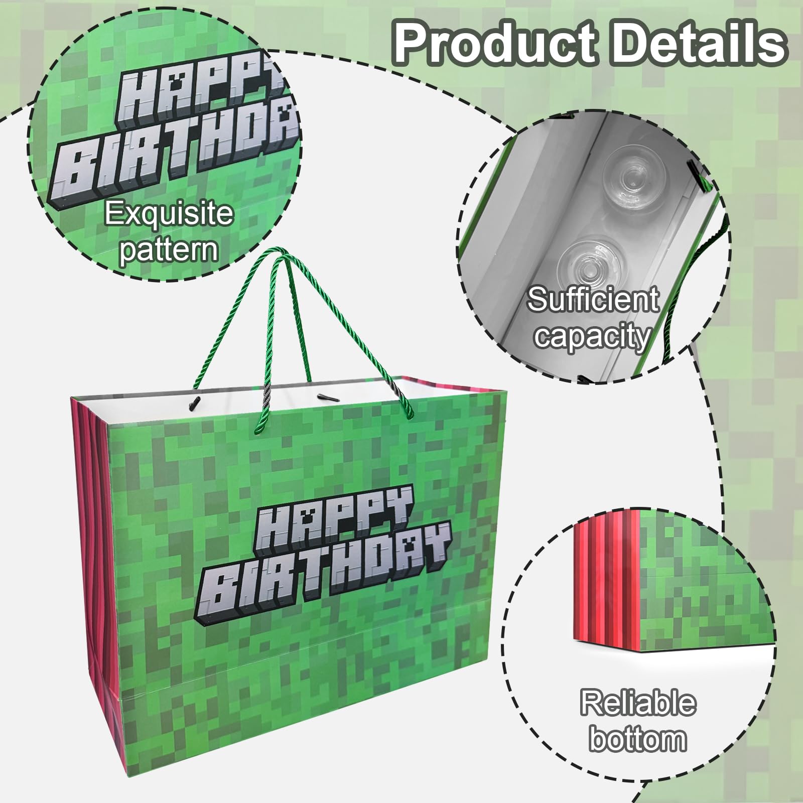 Dvngrt Birthday Goodie Bags,Pixel Party Favor Bags with Tissue Paper Greeting Card Envelope for Birthday Party