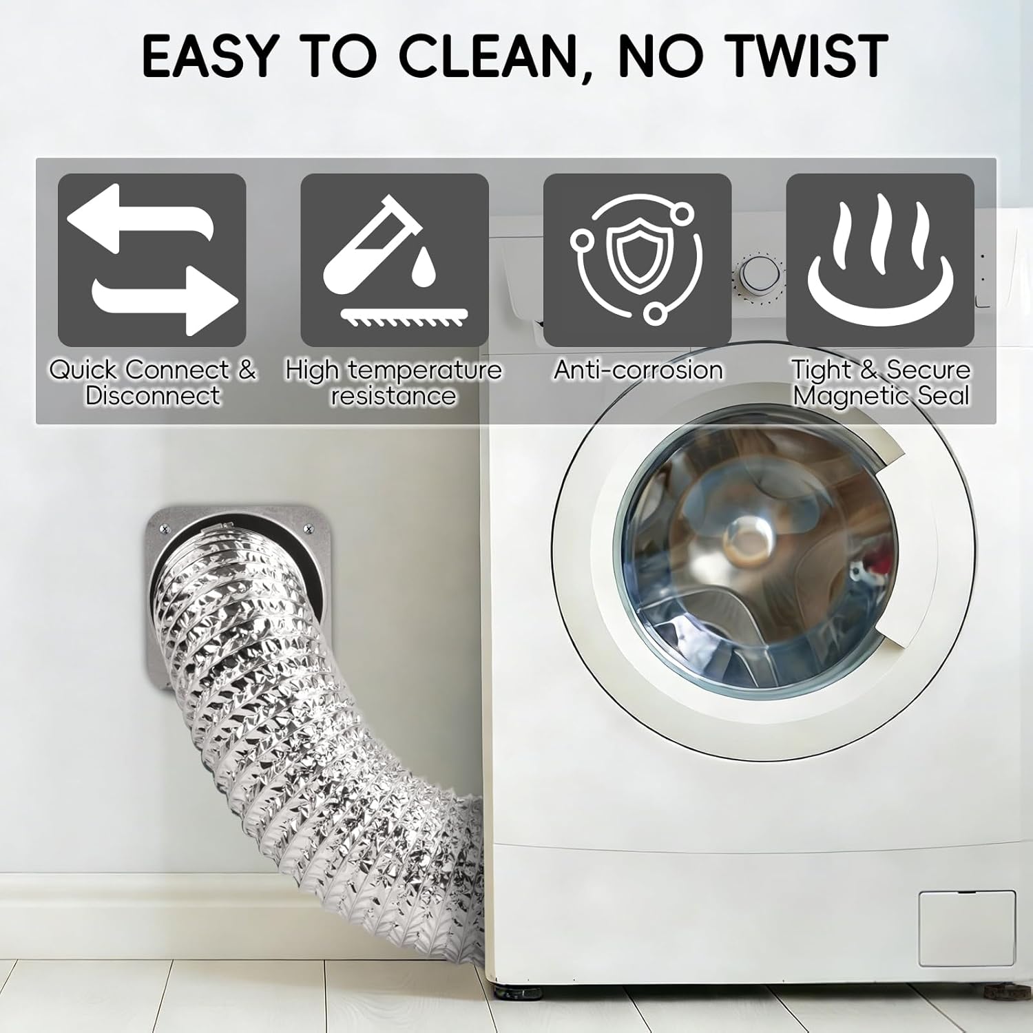 Magnetic Dryer Vent Coupling Connector Kit DV180 with Self-Aligning Magnets, Airtight Seal Easy to Clean Includes 3.2ft 4-Inch Hose & 2 Clamps