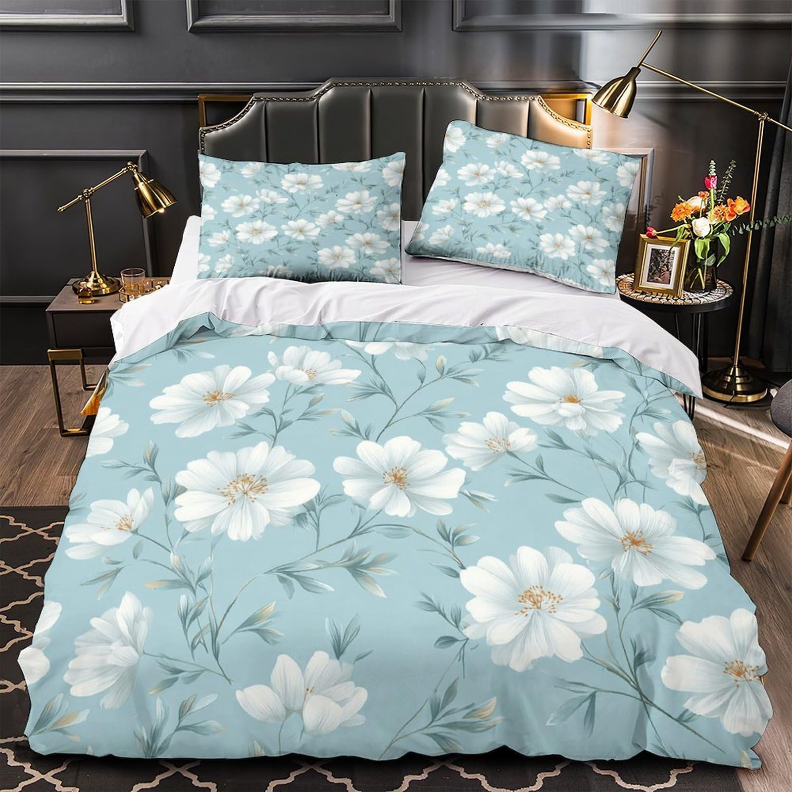 Parure de lit 3D effet microfibre hypoallergique housse de couette motif floral 140x200cm