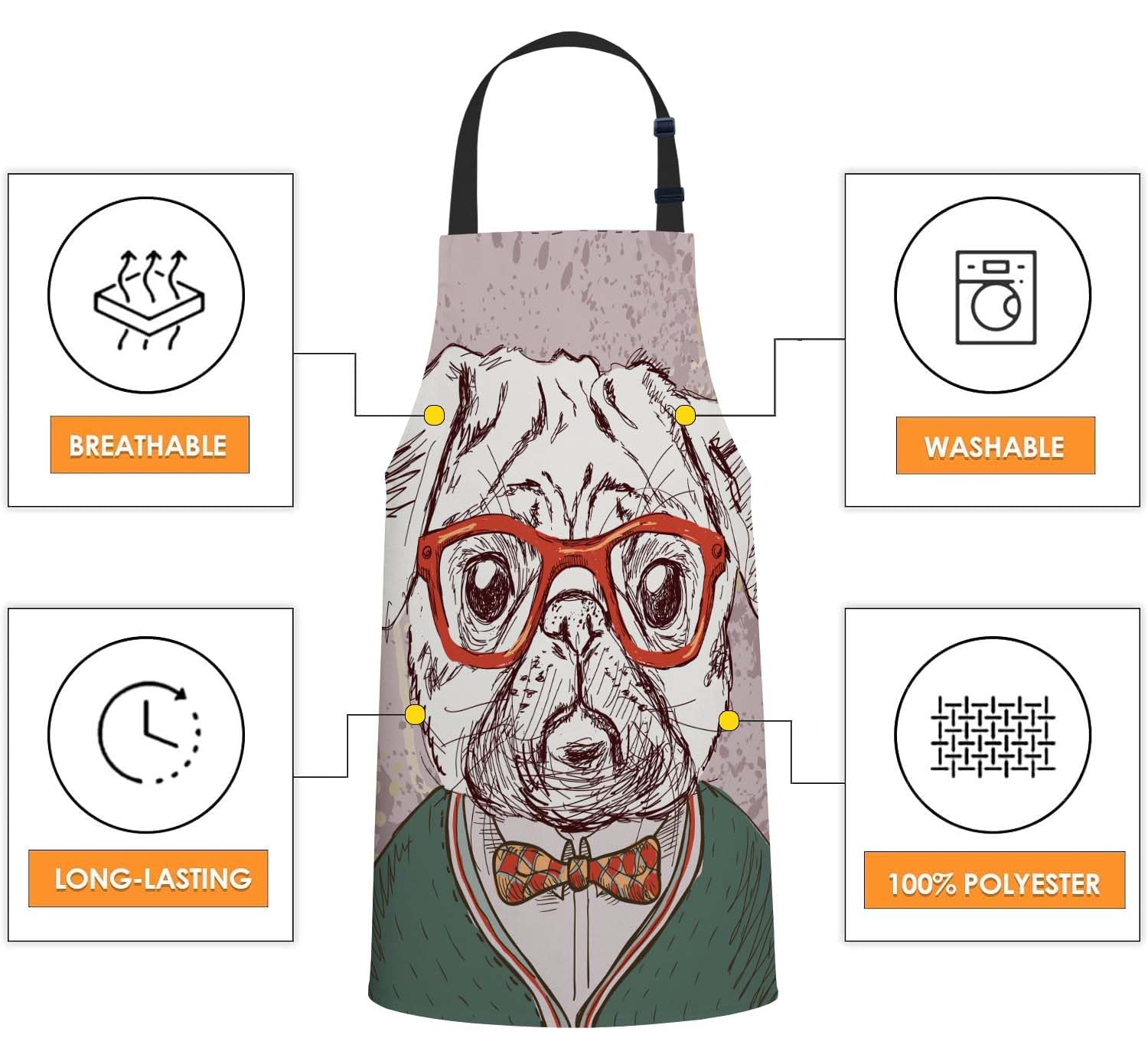 Smooffly Hipster Pug Dog Apron Chefs Apron, Cooking and Baking Apron for Men and Women, Kitchen Aprons, Butchers Apron, BBQ & Catering Bibs - Image 4