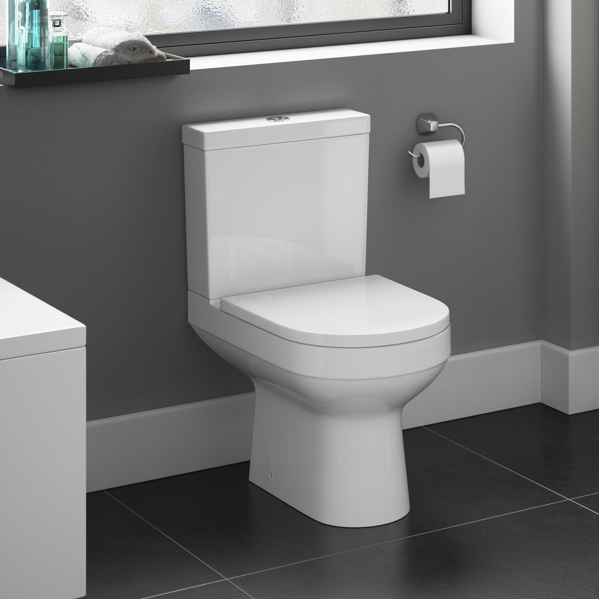 Ibathuk White Rimini Close Coupled Toilet, Ceramic Toilet Pan With Chrome Dual Flush Cistern, Soft Close, Quick Release Toilet Seat For Bathroom- Gloss, Square Shape