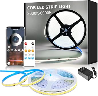 32.8ft COB LED Strip Light White Dimmable DC 24V 6000K Flexible LED Tape Light for Bedroom, with Remote and app Control LED Tape Lights,for DIY Home DecorationWhite