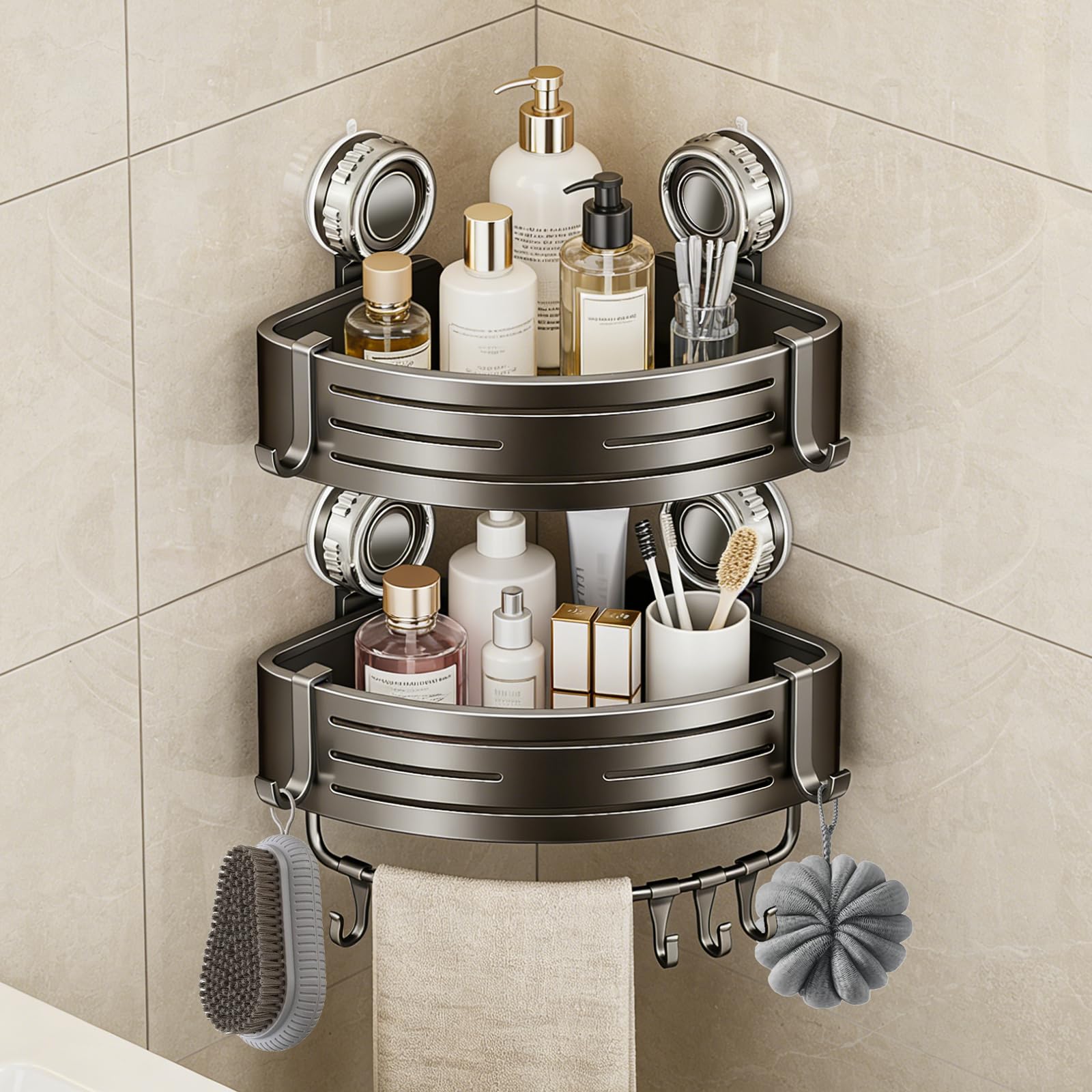 LxBrillxiant Corner Shower Caddy Suction Cup Shower Bathroom Wall Shelf No Drill Rust Proof Aluminum Organizer with Hooks